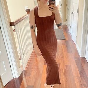 Sancia Brown Ribbed Bodycon Maxi Dress Sleeveless Cross Back Straps Size XS